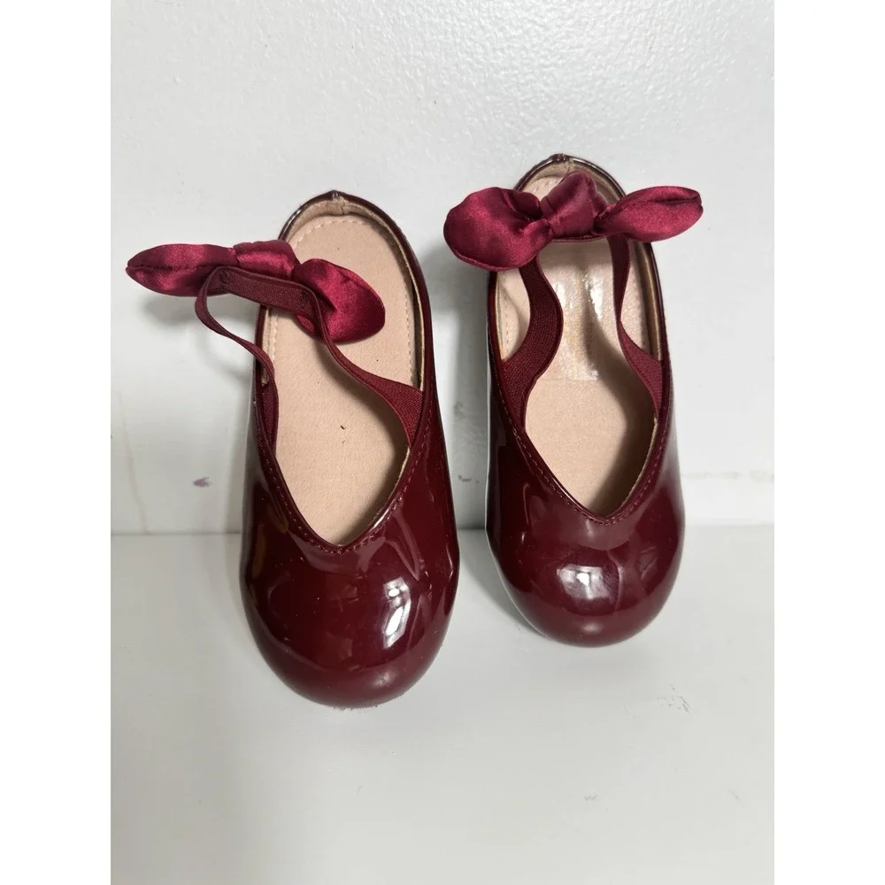 SHEIN burgundy Baby Toddler Girl Shoes Glossy Pattern Finish Bow Detail Sz 25